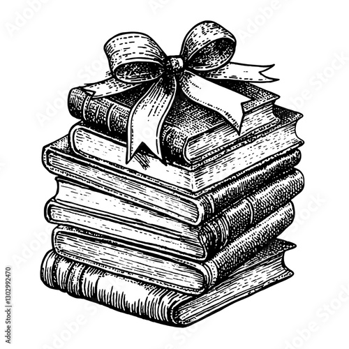 Engraved illustration of a stack of books tied with a ribbon showcasing classic literature and knowledge