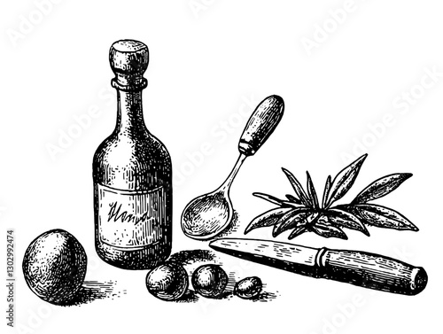 Engraved illustration of a culinary setup with ingredients and utensils for preparing a classic dish