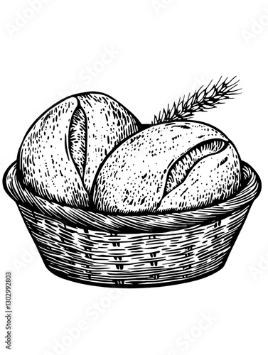Engraved illustration of two freshly baked bread rolls in a basket surrounded by wheat stalks