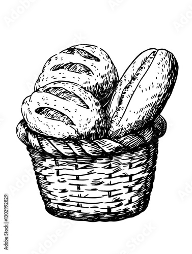 Engraved illustration of a woven basket filled with freshly baked bread rolls and loaves