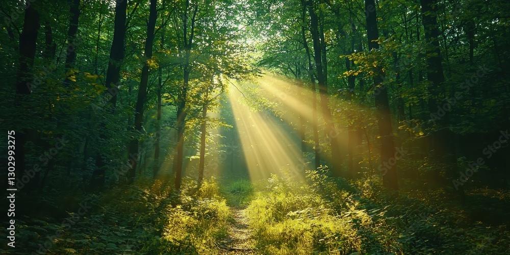 Naklejka premium Cinematic concept enchanting sunlight in a serene lush green forest viewpoint