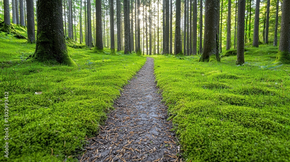 Fototapeta premium A natural pathway through a dense forest carpeted with lush green moss