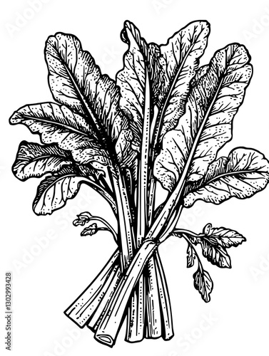 Detailed engraving of leafy green vegetable with prominent stalks showcasing natural texture and form