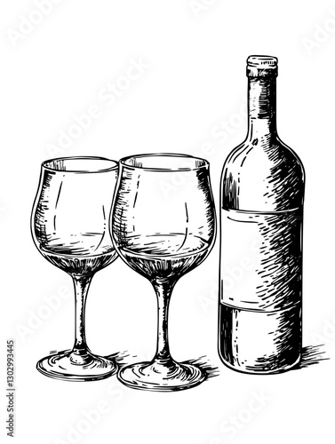 Detailed engraved illustration of two wine glasses and a bottle on a tabletop showcasing wine culture and social gatherings