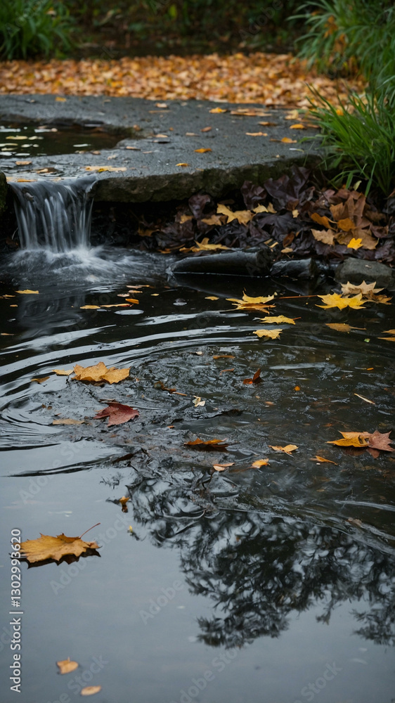 Obraz premium Rain-drenched pond, with ripples spreading across the surface and fallen leaves.