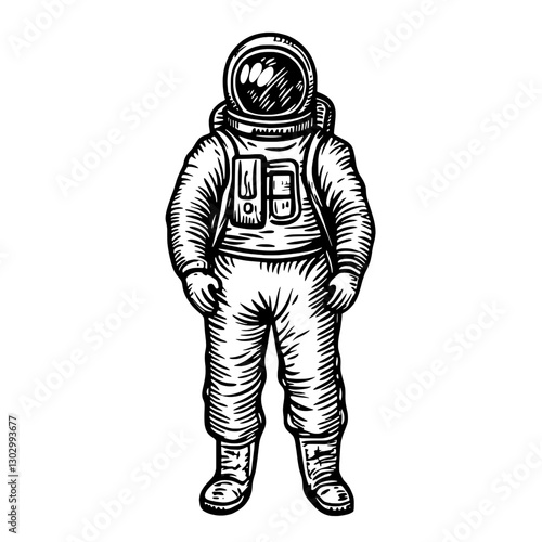 Astronaut in spacesuit standing on an unknown planet with an engraved vector style illustration