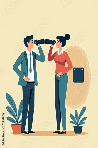 HR manager searching for job candidates with binoculars, illustrating recruitment process and talent acquisition strategies in the corporate sector