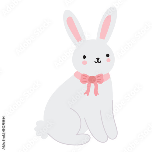 Cute grey bunny rabbit with a pink pet collar ribbon bow. Adorable hand drawn Easter animal character. Vector illustration isolated on white background.