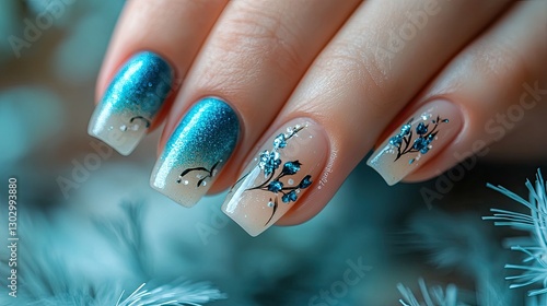 Close-up of decorated nails with blue flowers on a light background, wintery design