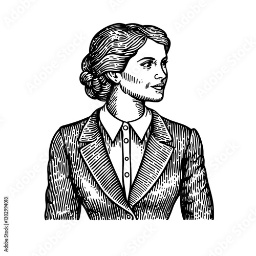 Engraved illustration of a woman in a vintage outfit conveying elegance and poise in an artistic interpretation