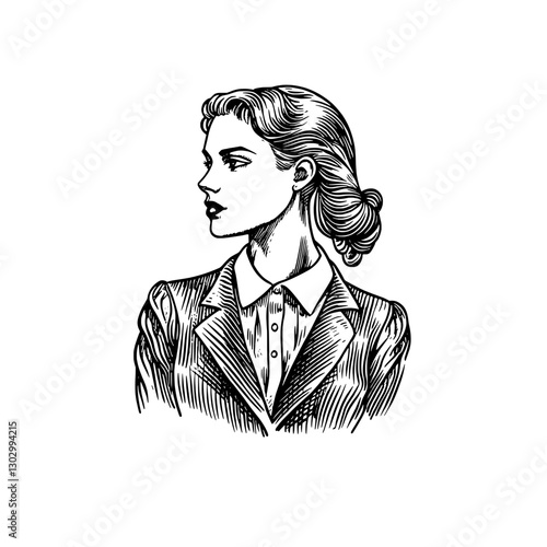 Engraved illustration of a confident woman in a classic suit with detailed hair, showcasing elegance and poise during a formal occasion