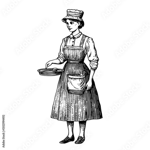 Engraved illustration of a vintage woman in an apron holding a plate, showcasing historical clothing style and details