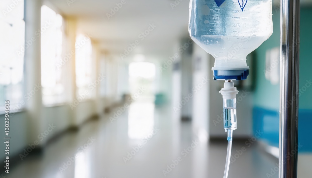 IV drip stands in hospital corridor, symbolizing patient care and recovery process. IV drip stands in hospital corridor, symbolizing patient care and recovery process.