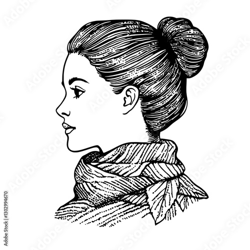 Engraved illustration of a woman with a bun hairstyle and scarf highlighting elegance and beauty in a vintage style