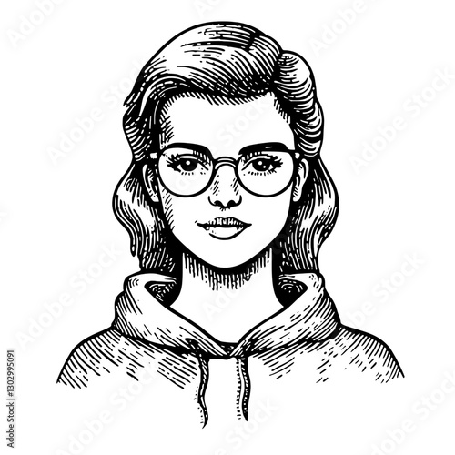 Portrait of a young woman in a hoodie with glasses, showcasing an engraved illustration style in black and white