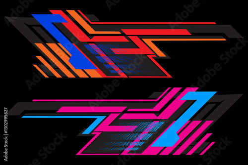  Futuristic Cyberpunk Racing Stripes Car Decal Design, geometric patterns in vibrant red, orange, blue, pink, and black