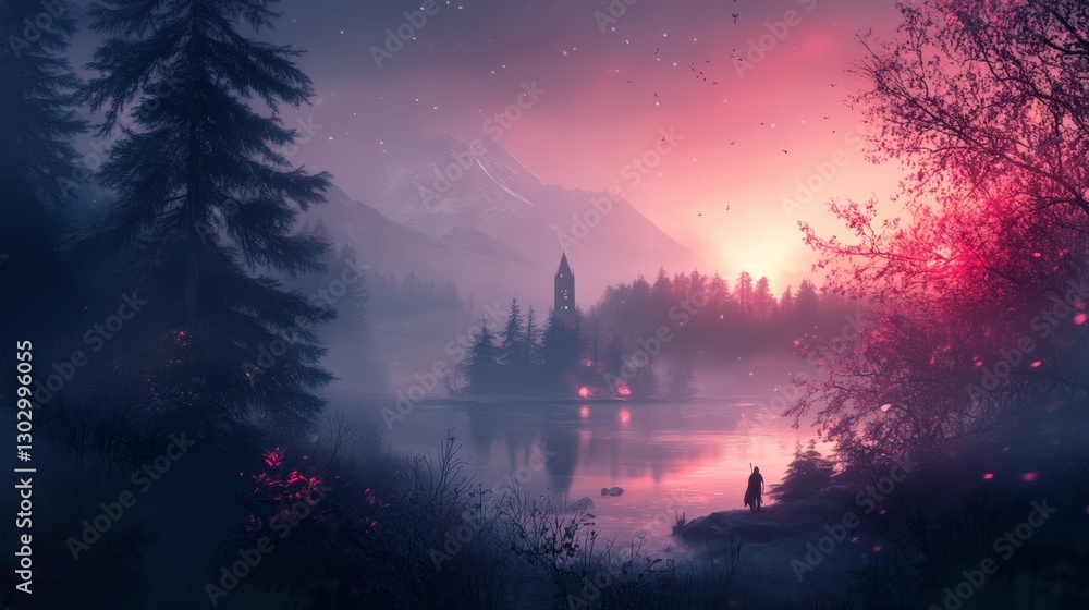Naklejka premium Enchanted Sunset Lake: A Serene Fantasy Landscape