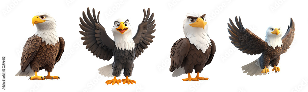 Obraz premium Set of cartoon bald eagle characters showcasing different expressions and poses, isolated on transparent background, Cutout PNG