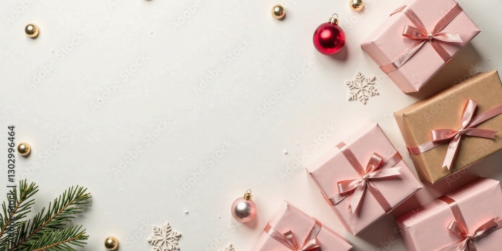 Fototapeta premium Elegant Festive Gifts and Ornaments on White Background A Serene Holiday Scene