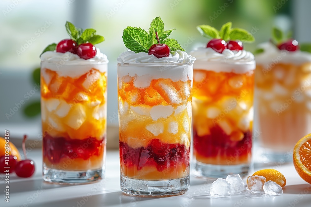 Vibrant and colorful layered dessert dirty sodas in various flavors with layers of cream, fruit sauce, cherry pieces, mint leaves, orange slices, and ice cubes Vibrant and colorful layered dessert dirty sodas in various flavors with layers of cream, fruit sauce, cherry pieces, mint leaves, orange slices, and ice cubes