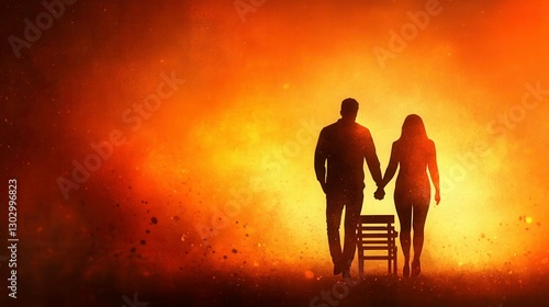 Romantic Silhouette of Couple Walking Hand in Hand Against Fiery Sunset Background