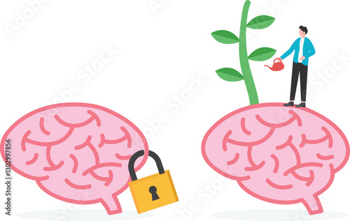 Fixed vs growth mindset with open or locked personality tiny person concept.

