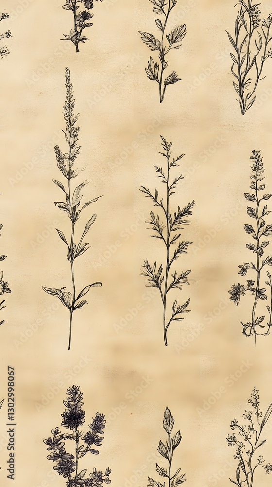 Fototapeta premium Hand Sketched Botanical Seamless Pattern on Aged Parchment Background