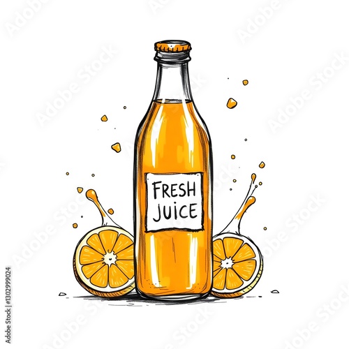 Illustration of a glass bottle labeled fresh juice with orange slices and juice splashes around it