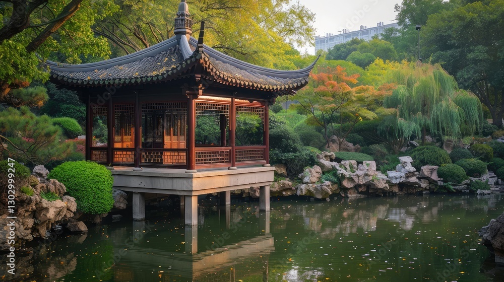 Tranquil Chinese Pavilion Surrounded by Lush Gardens and Reflection Pond Tranquil Chinese Pavilion Surrounded by Lush Gardens and Reflection Pond