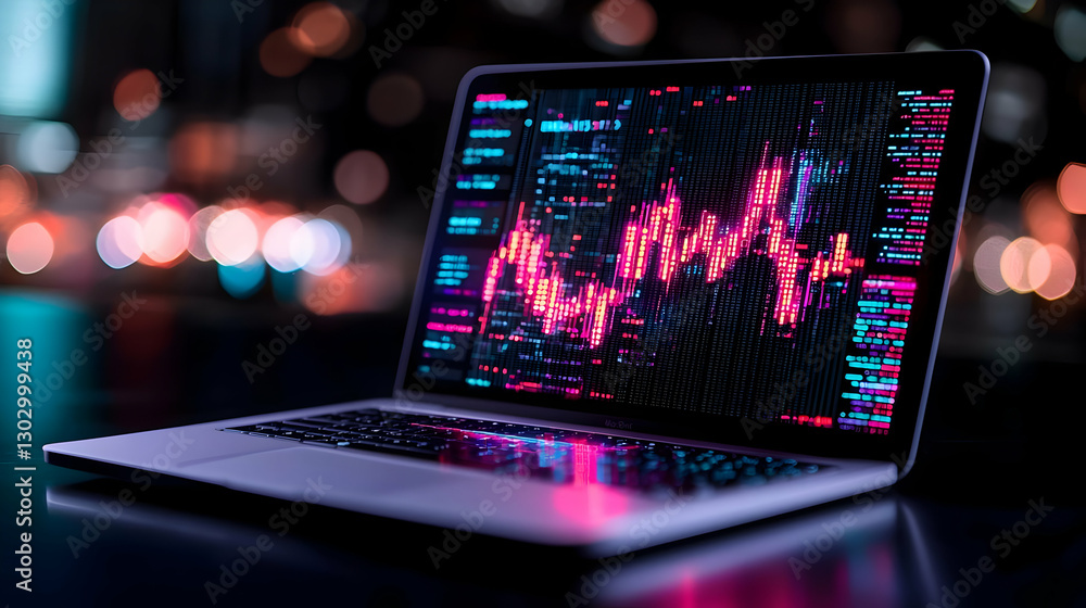 Vibrant Digital Graphs Displayed on Laptop For Financial Analysis Vibrant Digital Graphs Displayed on Laptop For Financial Analysis