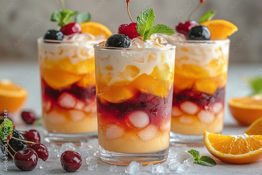 Vibrant and colorful layered dessert dirty sodas in various flavors with layers of cream, fruit sauce, cherry pieces, mint leaves, orange slices, and ice cubes Vibrant and colorful layered dessert dirty sodas in various flavors with layers of cream, fruit sauce, cherry pieces, mint leaves, orange slices, and ice cubes