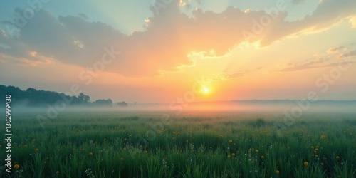 Serene Sunrise over a Misty Meadow with Wildflowers