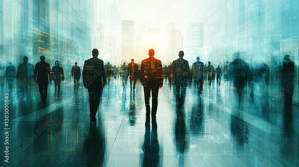 Silhouette of people in the city, walking people, going to work Silhouette of people in the city, walking people, going to work