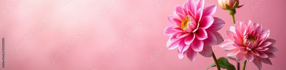 Obraz premium Vibrant dahlia flowers on a soft pink background, spring blossoms, flowers, floral, blossoms