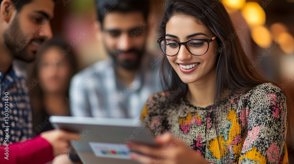 Obraz premium Young Woman Glasses Is Looking Tablet Computer, While Two Other Men Look On. They Appear Be Collaborating Project Discussing Information Displayed Tablet.