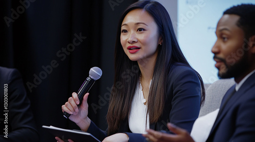 Young Asian Businesswoman Is Speaking Into Microphone Panel Discussion. Wearing Business Suit Attentively Engaging Audience. Black Man Seated Beside Her, Also Participating