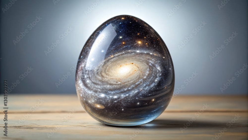 Easter egg concept. A cosmic galaxy inside a glass egg on a wooden surface. Easter egg concept. A cosmic galaxy inside a glass egg on a wooden surface.