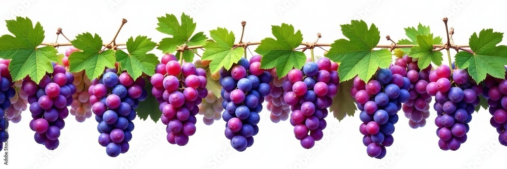 Fototapeta premium Vibrant horizontal grape pattern with green and purple tones on a white background, vineyard, summer, fruits