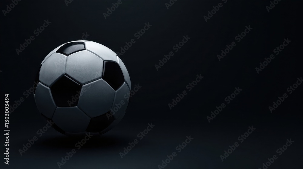 Naklejka premium A solitary soccer ball rests on a dark surface, a dramatic composition emphasizing the sphere's texture and the play of light and shadow.