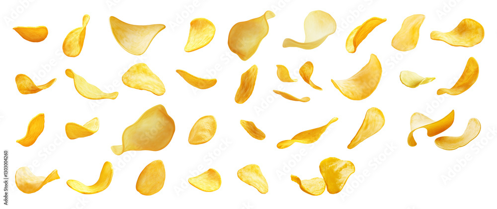 Crispy potato chips on transparent PNG or white background. Tasty fast food, snacks, junk food. Crispy potato chips on transparent PNG or white background. Tasty fast food, snacks, junk food.