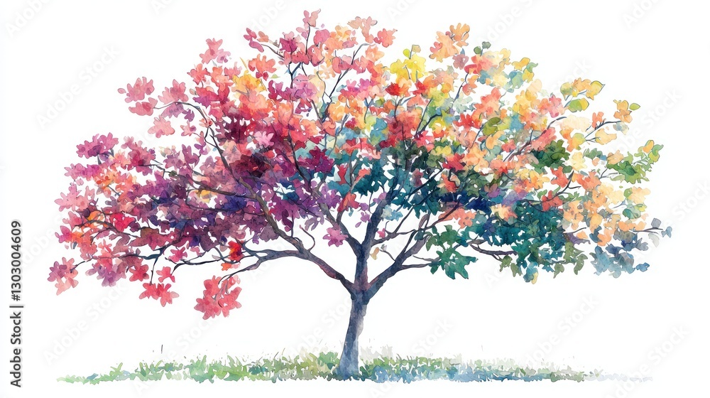 Obraz premium Vector Watercolor Blooming Flower Tree on White Background