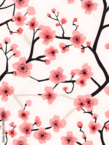 Minimalist Japanese Cherry Blossom Seamless Pattern Background in Soft Pink Hues