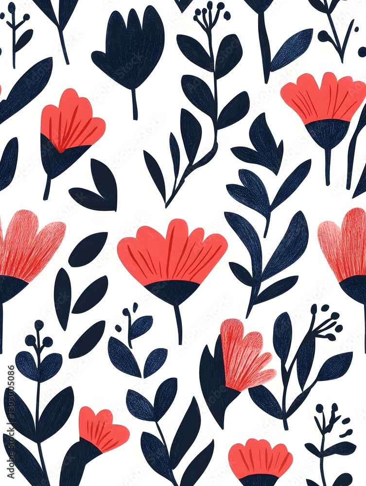 Minimalist Scandinavian Folk Art Floral Seamless Pattern with Botanical Elements Minimalist Scandinavian Folk Art Floral Seamless Pattern with Botanical Elements