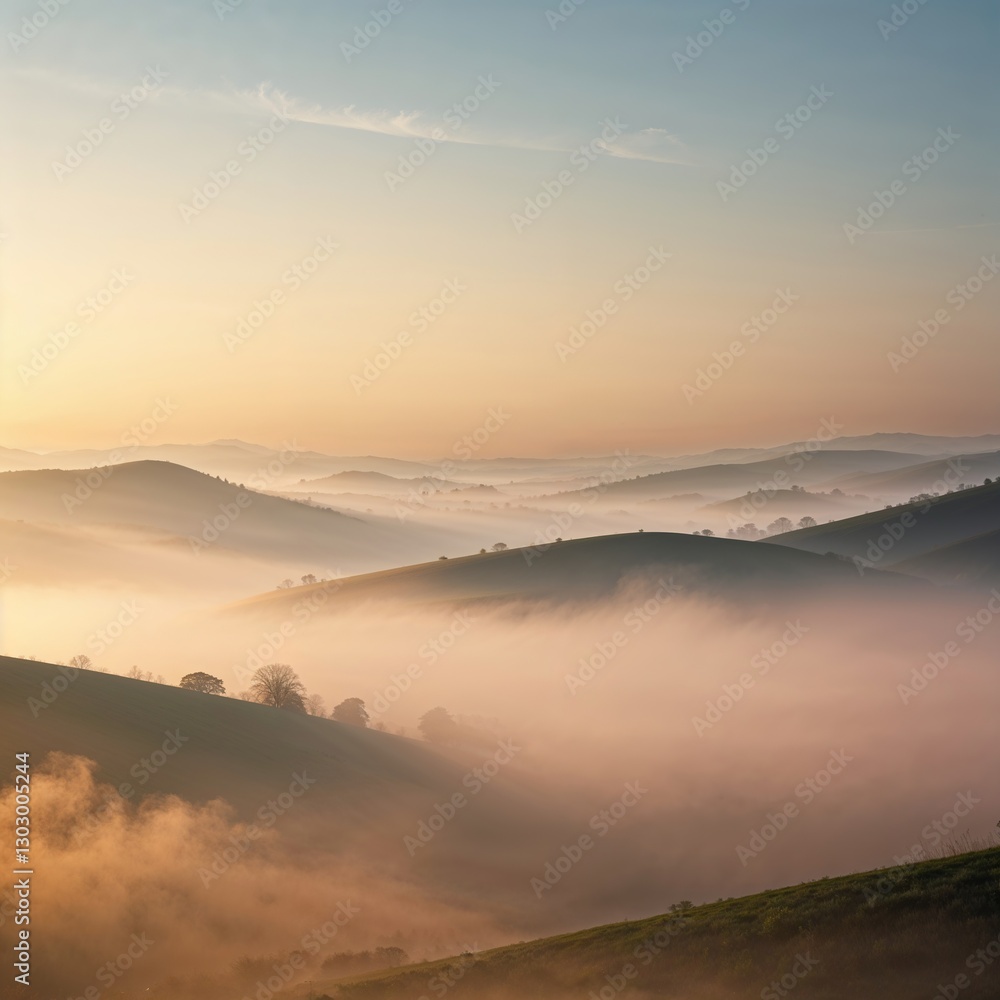 Obraz premium Rolling hills shrouded in mist create a tranquil atmosphere at dawn, with soft sunlight illuminating the landscape and enhancing the feeling of peace and solitude in nature