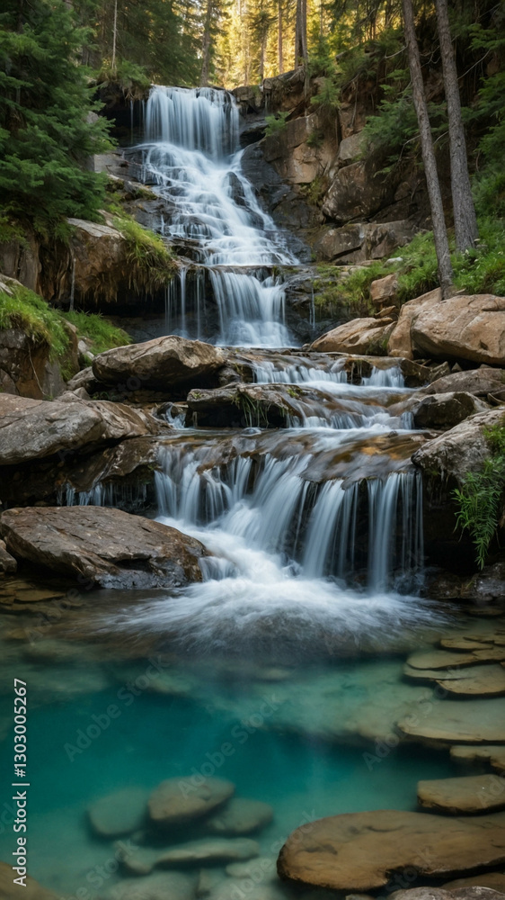 Alpine waterfall cascading into a clear pool. Alpine waterfall cascading into a clear pool.