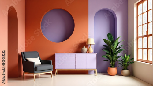 A modern, minimalist interior design with a vibrant color palette, featuring deep coral, lavender, and cream walls, arched doorway, a charcoal gray armchair and natural light.