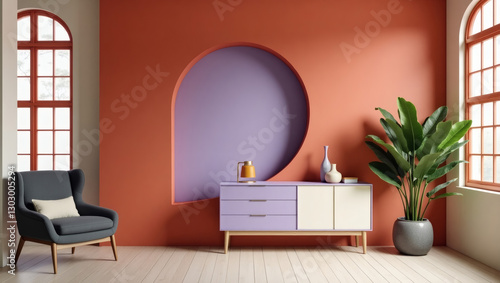A modern, minimalist interior design with a vibrant color palette, featuring deep coral, lavender, and cream walls, arched doorway, a charcoal gray armchair and natural light.