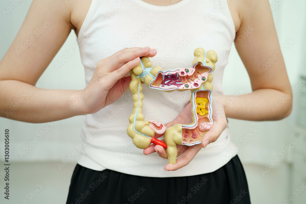 Intestine, Asian woman holding human anatomy model.