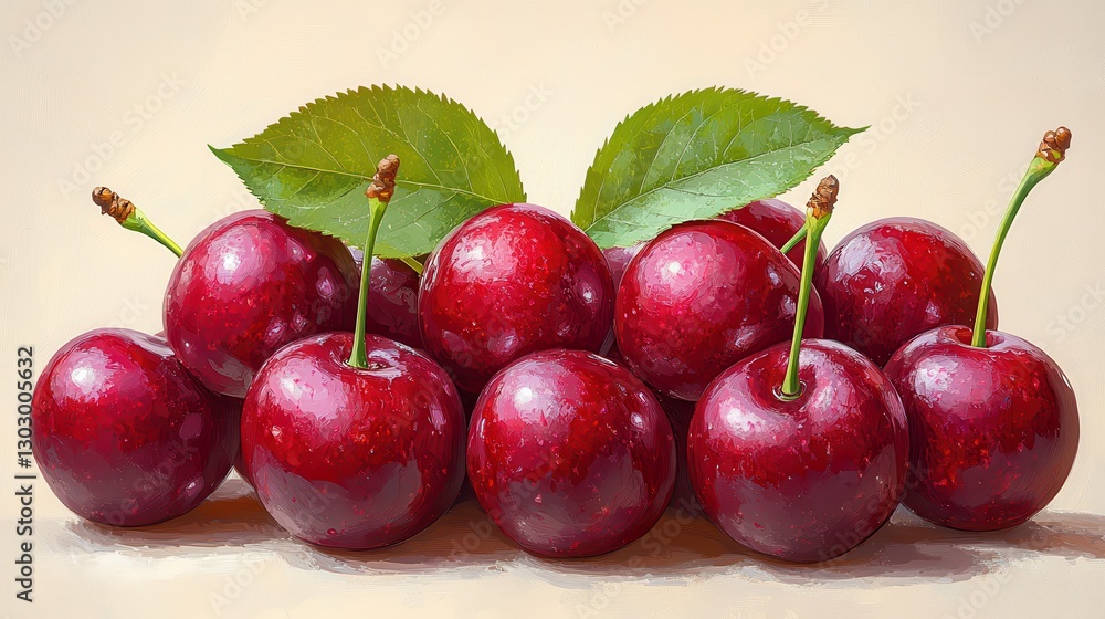Obraz premium ripe red cherry with green leaf isolated,cartoon illustration