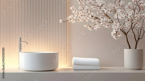 Elegant Bathroom Decor with White Bowl and Cherry Blossom Arrangement